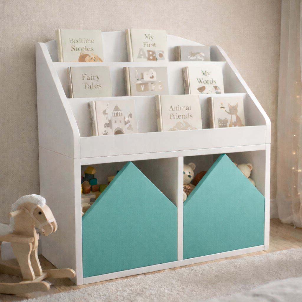 Librero infantil KiddoBooks blanco con repisas frontales para libros y cajoneras en forma de casita, ideal para habitación infantil cozy.