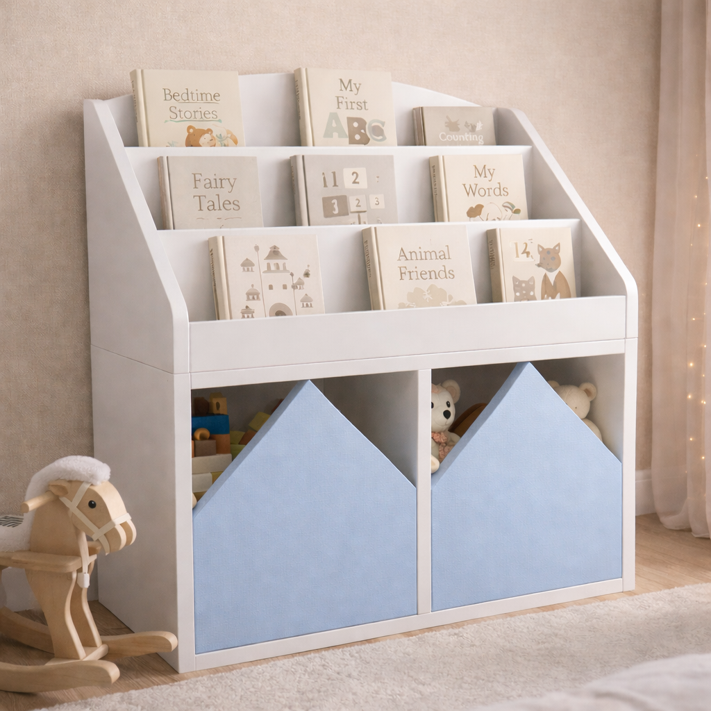 Librero infantil KiddoBooks blanco con repisas frontales para libros y cajoneras en forma de casita, ideal para habitación infantil cozy.