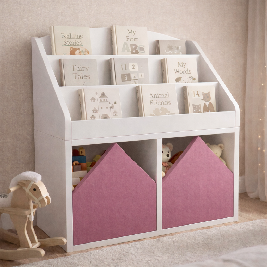 Librero infantil KiddoBooks blanco con repisas frontales para libros y cajoneras en forma de casita, ideal para habitación infantil cozy.