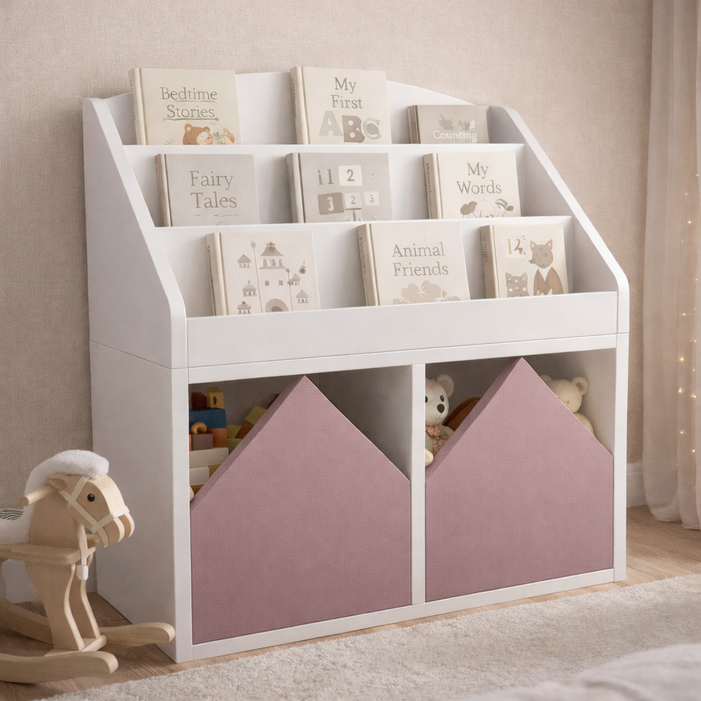 Librero infantil KiddoBooks blanco con repisas frontales para libros y cajoneras en forma de casita, ideal para habitación infantil cozy.