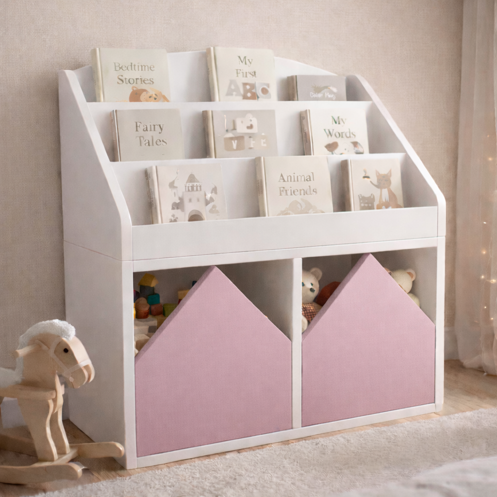 Librero infantil KiddoBooks blanco con repisas frontales para libros y cajoneras en forma de casita, ideal para habitación infantil cozy.