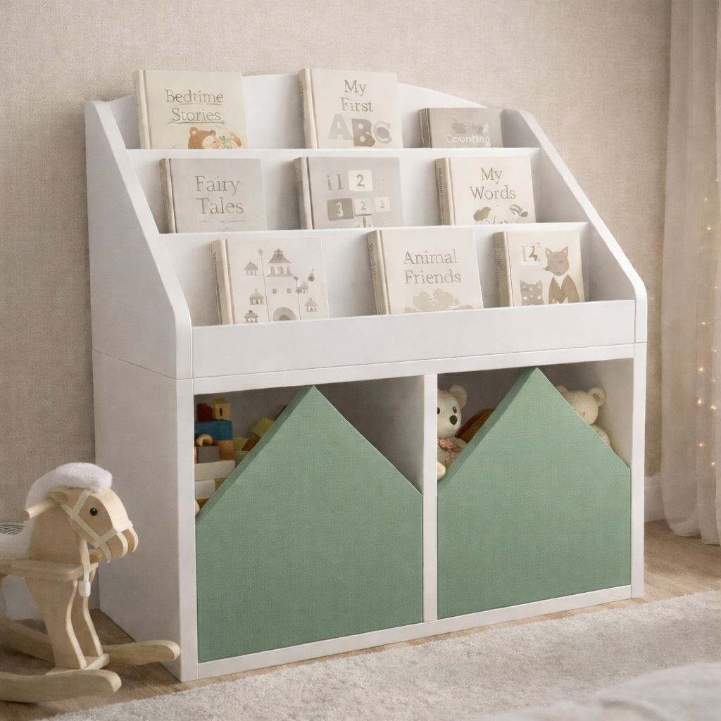 Librero infantil KiddoBooks blanco con repisas frontales para libros y cajoneras en forma de casita, ideal para habitación infantil cozy.