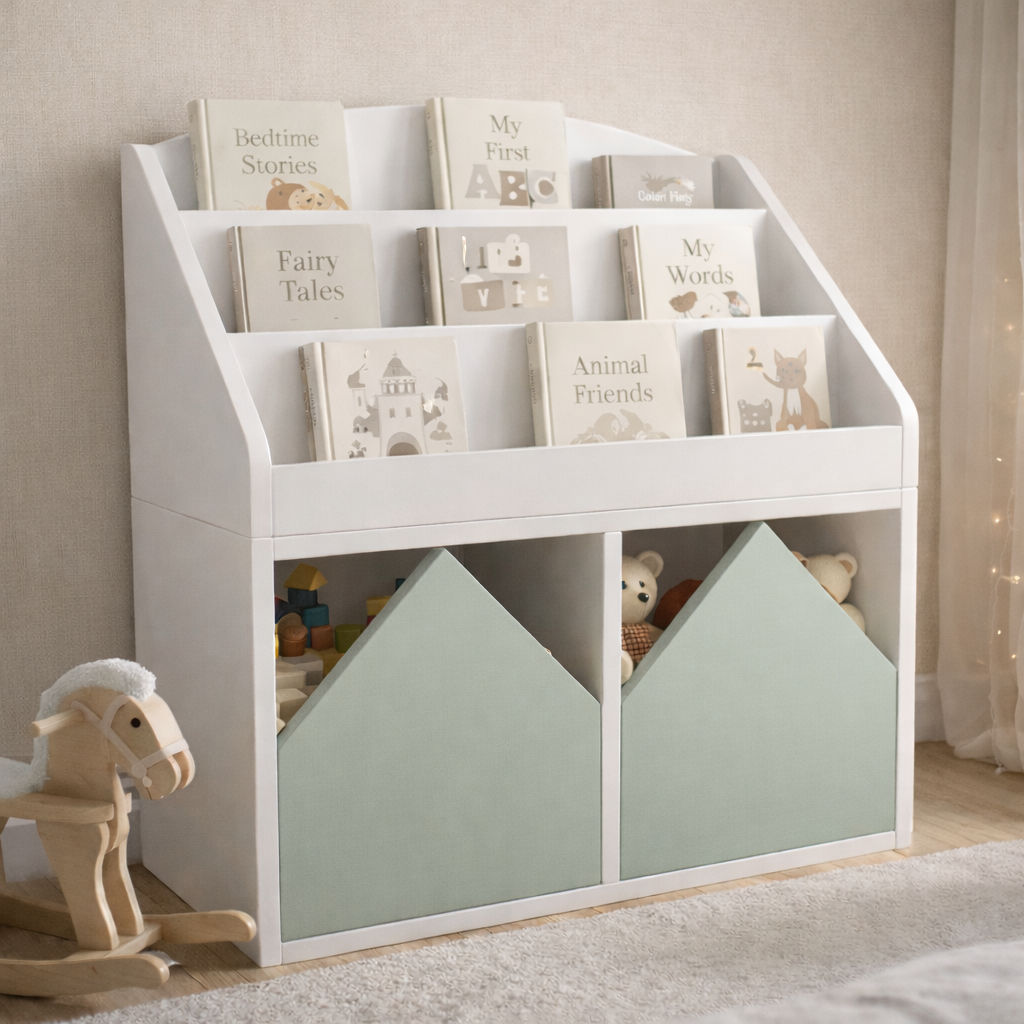 Librero infantil KiddoBooks blanco con repisas frontales para libros y cajoneras en forma de casita, ideal para habitación infantil cozy.