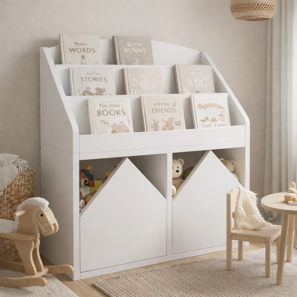 Librero infantil KiddoBooks blanco con repisas frontales para libros y cajoneras en forma de casita, ideal para habitación infantil cozy.