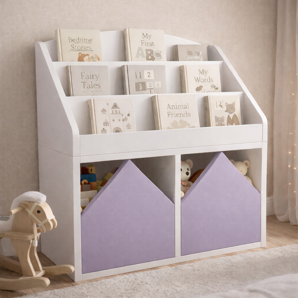 Librero infantil KiddoBooks blanco con repisas frontales para libros y cajoneras en forma de casita, ideal para habitación infantil cozy.