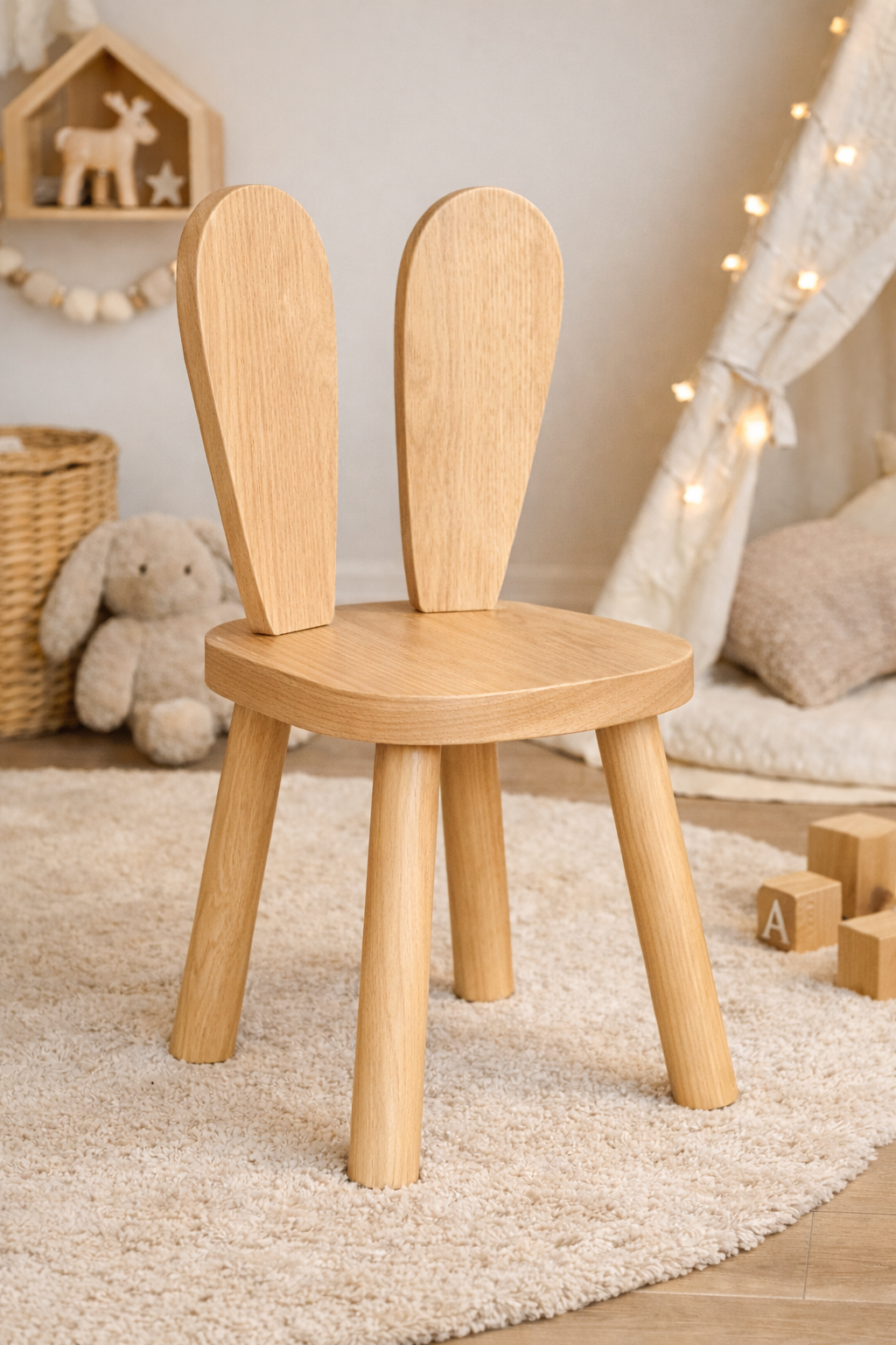 Silla infantil KiddoBunny de madera natural y respaldo en forma de orejas de conejo, ideal para habitación infantil cozy.