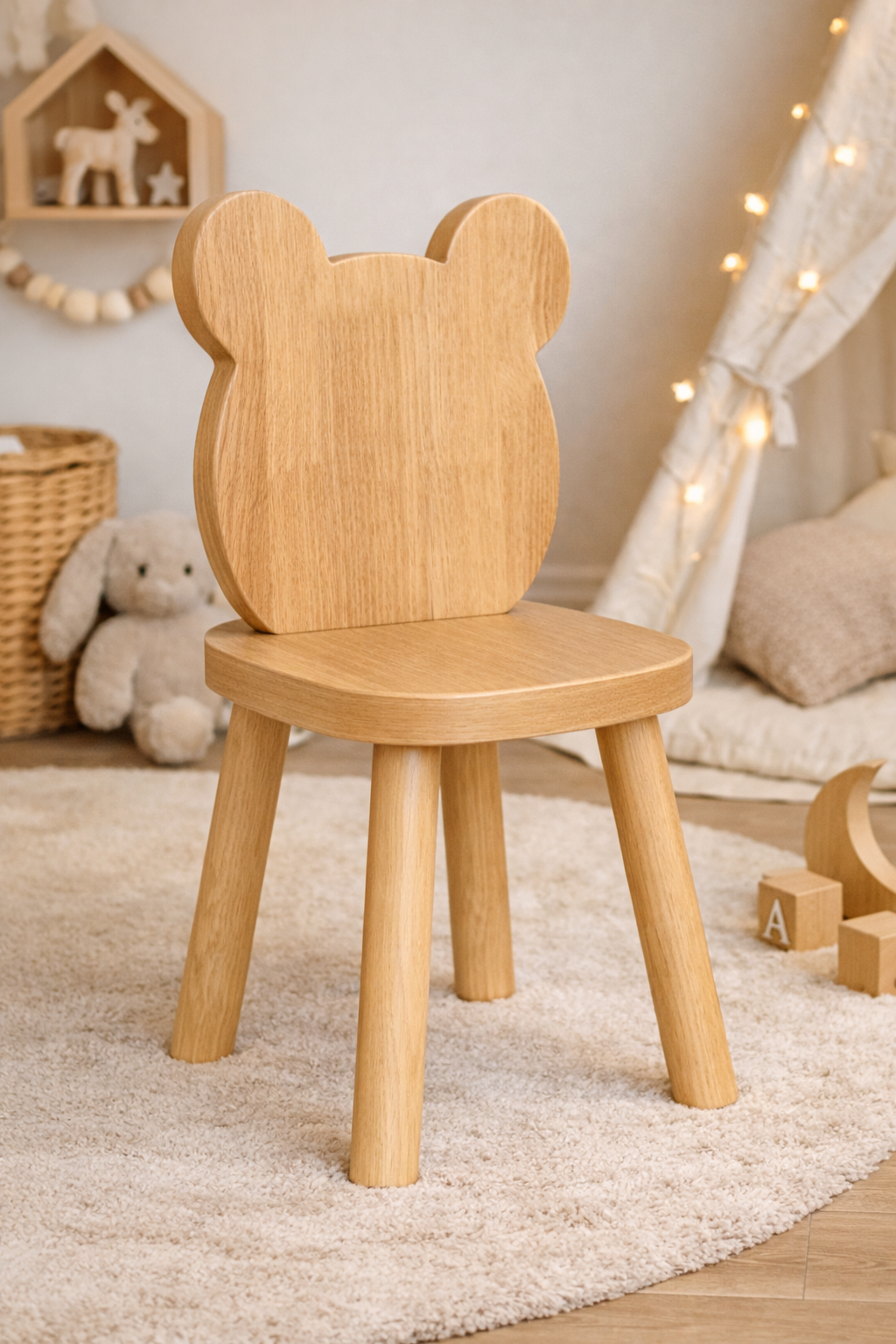 Silla infantil KiddoBear con respaldo en forma de osito y patas de madera natural, ideal para habitación infantil estilo cozy.