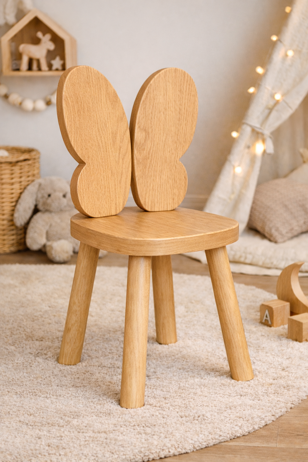 Silla infantil KiddoButterfly de madera natural y respaldo en forma de mariposa, ideal para habitación infantil estilo cozy.