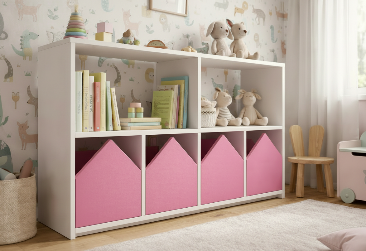 Organizador infantil KiddoPlay de madera natural con cajoneras en forma de casita en colores personalizables, ideal para habitación infantil cozy.