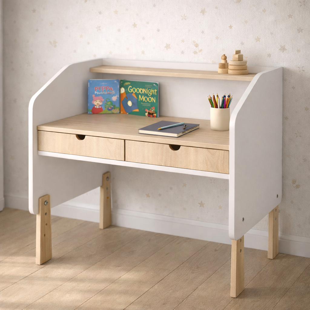 Escritorio infantil KiddoStudy de madera natural y blanco con cajones integrados, ideal para habitación infantil cozy y área de estudio moderna.