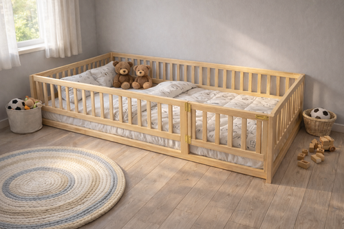 Cama Montessori infantil de madera con barandal perimetral tipo nido en acabado natural, diseñada para niños pequeños en habitación estilo cozy neutro.