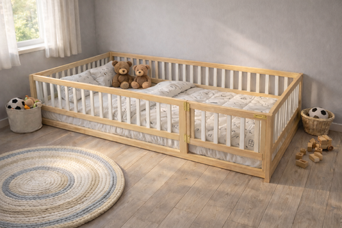 Cama Montessori infantil de madera con barandal perimetral tipo nido en acabado natural, diseñada para niños pequeños en habitación estilo cozy neutro.